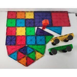 MAGNA TILES MAGNET BUILDING BLOCKS SQUARES TRIANGLES 2 CARS PIECES STOP SIGN